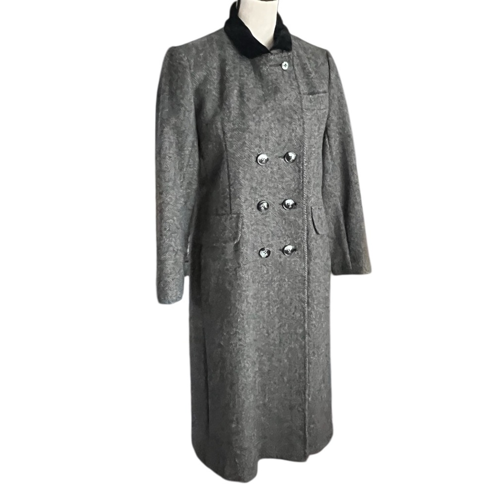 VTG. Karen 100% Pure Wool Gray Double Breasted Herringbone Long Coat. - Picture 3 of 8